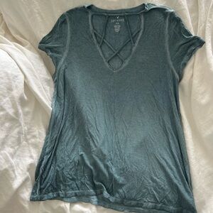American Eagle Outfitters Crisscross V-Neck Tee in Teal blue